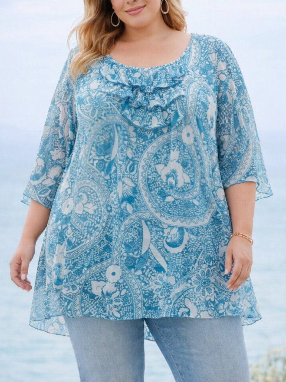 Avenue Teal Blue Sheer Floral Paisley Tunic Top Plus 26/28 Boho Resort Feminine